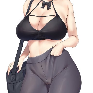 keinv, maskwolf, 1girls, bag, bare shoulders, belly, big breasts, blush, blushing, breasts, busty, cameltoe, child bearing hips, curves, curvy