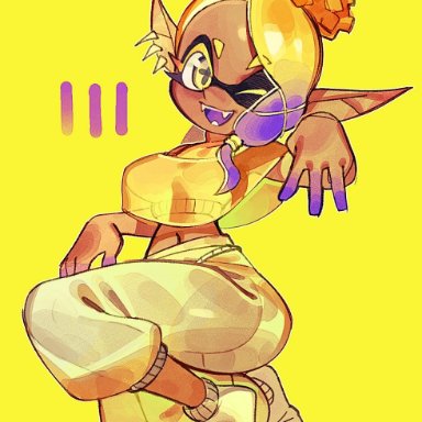 splatoon, splatoon 3, deep cut (splatoon), frye (splatoon), wamudraws, 1girls, 5 fingers, 5 toes, anthro, belly button, big breasts, blonde female, breasts, dark-skinned female, dark skin