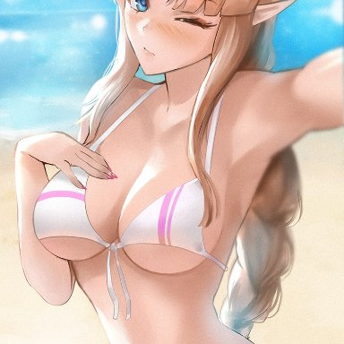 the legend of zelda, princess zelda, zelda (a link between worlds), tommietomm, 1girls, beach, beautiful, belly, belly button, big breasts, bikini, blonde female, blonde hair, blue eyes, blush