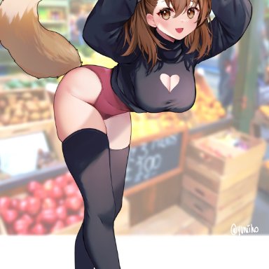 annytf, yuniiho, :d, animal ears, arms up, bangs, black thighhighs, blurry, blurry background, breasts, brown eyes, brown hair, cleavage cutout, clothing cutout, extra ears