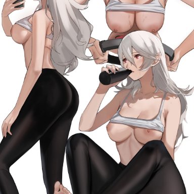 fire emblem, fire emblem fates, nintendo, corrin (fire emblem), corrin (fire emblem) (female), 1girls, areolae, ass, bangs, bare shoulders, black pants, blonde female, breasts, breasts out, cleavage