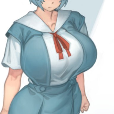 neon genesis evangelion, rei ayanami, kelvin hiu, 1girls, big breasts, blue hair, breasts, clothing, eye contact, huge breasts, large breasts, looking at viewer, red eyes, school uniform, schoolgirl