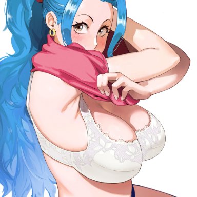 one piece, nefertari vivi, jerrydurd, 1girls, blue hair, blush, brown eyes, cleavage, female, female only, huge breasts, light-skinned female, light skin, ponytail, royalty