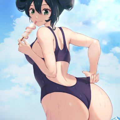 my hero academia, tsuyu asui, nsfw oa, 1girls, ass, ass focus, beach, big ass, big butt, breasts, female, female only, long hair, looking at viewer, looking back