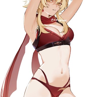 genshin impact, lumine (genshin impact), eriimyon, armpits, arms up, big breasts, blonde female, blonde hair, breasts, curves, curvy, flower hair ornament, flower in hair, gold eyes, gold hair