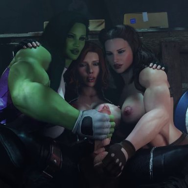 marvel, black widow (marvel), captain carter, peggy carter, scarlett johansson, she-hulk, amazonium, 1futa, 2girls, cum, ejaculation, female, futa on female, futanari, handjob