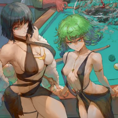 one-punch man, fubuki (one-punch man), saitama, tatsumaki, cutesexyrobutts, 1boy, 2girls, breast size difference, breasts, cleavage, cleavage dress, dress, elegant dress, female, green eyes