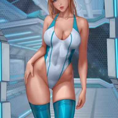 metroid, samus aran, prywinko, 1girls, big breasts, blonde female, blonde hair, blue eyes, breasts, cleavage, eyelashes, eyeliner, female, female only, latex