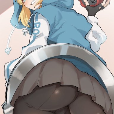 guilty gear, guilty gear strive, bridget, kurosususu, 1boy, backsack, balls, bike shorts, black gloves, blue eyes, blue jacket, blush, bulge, cuffs, femboy