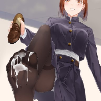 jujutsu kaisen, kugisaki nobara, kou futoshi, bangs, black jacket, black skirt, blush, breasts, brown footwear, brown hair, brown pantyhose, cropped jacket, cum, cum on clothes, cum on feet