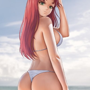 dc, dc comics, teen titans, koriand'r, starfire, tamaranean, flowerxl, ass, beach, bikini, bubble butt, green eyes, large breasts, long hair, red hair