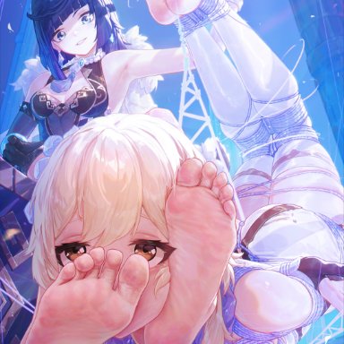 genshin impact, lumine (genshin impact), yelan (genshin impact), icecake, black hair, blonde female, blonde hair, blue eyes, clothed, feet, feet on face, femdom, femsub, foot fetish, restrained