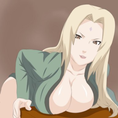 naruto, naruto (series), naruto shippuden, tsunade, kunaixx, 1girls, against desk, almost naked, alternate hairstyle, arm support, barely clothed, bending over, bending over desk, bent over, big breasts