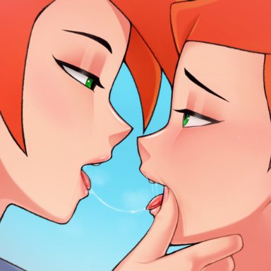 ben 10, cartoon network, future gwen, gwen tennyson, loodncrood, 2girls, after kiss, aged up, earrings, female, female only, fully clothed, green eyes, orange hair, saliva