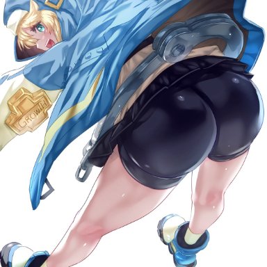 guilty gear, guilty gear strive, bridget, uenoryoma, 1boy, aqua eyes, ass, ass focus, bare legs, bike shorts, black gloves, blonde hair, butt crack, cross, cuffs