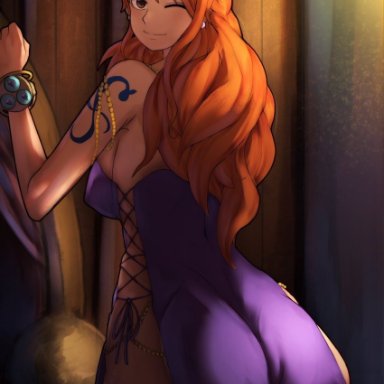 one piece, monkey d luffy, nami, funi xd, ass, blush, brown eyes, dat ass, imminent penetration, large ass, large breasts, long hair, looking at viewer, one eye closed, orange hair