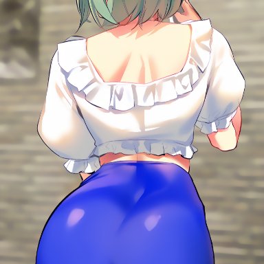 i need you noona, three neck meat, 1futa, ass, ass focus, back, back view, balls outline, balls under clothes, big ass, blue dress, butt crack outline, clothed, clothing, dress