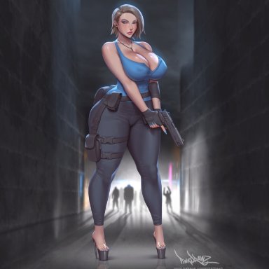 resident evil, jill valentine, pinkdrawz, 1girls, bimbo, breasts, cleavage, clothing, female, female only, fully clothed, gun, high heels, huge breasts, human