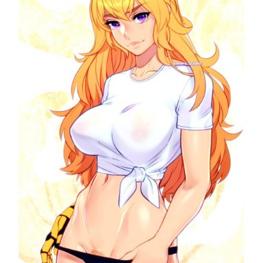 rwby, yang xiao long, grapesliime, phloxberry, 1girls, blonde female, blonde hair, eyebrows visible through hair, fit, fit female, glossy lips, knotted shirt, long hair, looking at viewer, panties