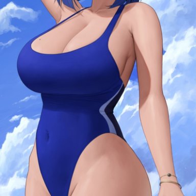 genshin impact, yelan (genshin impact), zaphn, 1girls, beach, black hair, blue hair, breasts, cleavage, competition swimsuit, female, female only, green eyes, highleg swimsuit, hips