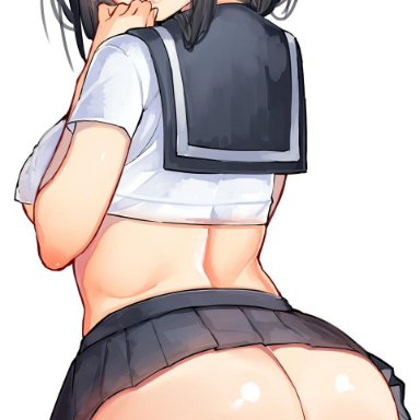 kawakami masaki, ass, big ass, bubble butt, female, female only, heart-shaped pupils, no panties, school uniform, skirt, solo, solo female, thighhighs