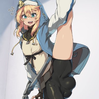 guilty gear, guilty gear strive, bridget, sinensian, 1boy, balls, big balls, bike shorts, blonde hair, blue eyes, bulge, clothed, clothing, erection, erection under clothes