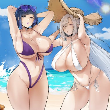 genshin impact, shenhe (genshin impact), yelan (genshin impact), puzenketsu, 2girls, armpits, arms up, beach, bikini, black hair, blue eyes, blue hair, braided hair, breasts, female