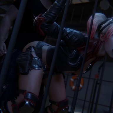 dc, injustice 2, harley quinn, zynotheum, 1girls, 2boys, 2boys1girl, ambiguous penetration, breasts, cage, clothed sex, extended loop, fellatio, forced oral, from behind