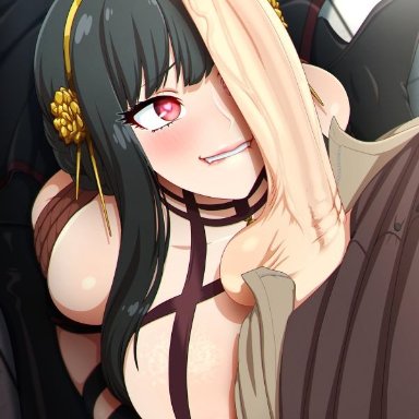 spy x family, yor briar, neocoill, 1boy, black hair, breasts, closed mouth, female, gold hairband, large breasts, large penis, lips, looking at penis, nipples, penis