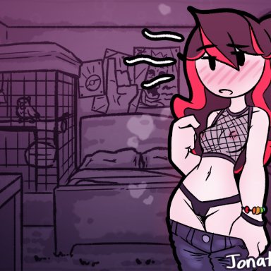 jaiden animations, jaidenanimations, youtube, ari (jaidenanimations), jaiden, jonathanpt, 1girls, bedroom, black panties, blush, blushing, blushing at viewer, breasts, cameltoe, fishnet shirt