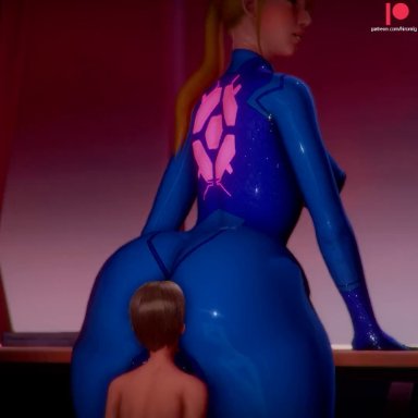 samus aran, hiromigog, anilingus through clothes, ass, ass worship, blonde female, cunnilingus through clothes, female, larger female, male domination, moaning, size difference, smaller male, 3d, animated