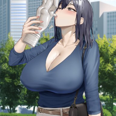 original, original character, oekakizuki, 1girls, black hair, blush, breasts, cleavage, clothed, clothed female, drinking, drinking water, female, female only, grey eyes