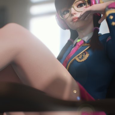 overwatch, d.va, hana song, qtria, cute, glasses, hourglass figure, looking at viewer, panties, panties peek, pose, posing, seductive, seductive look, sensual