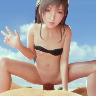 final fantasy vii, tifa lockhart, kaogum, 1boy, 1girls, age difference, aged down, alternative age, assertive, assertive female, bare shoulders, beach, bikini, black bikini, black hair