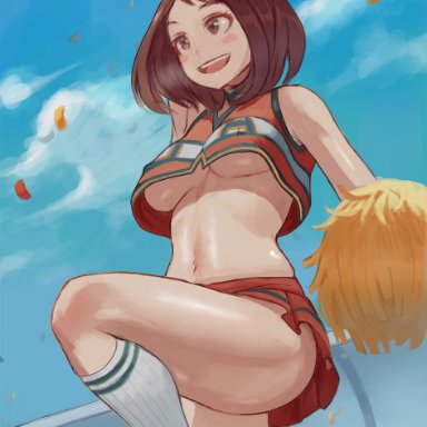 my hero academia, ochako uraraka, zefra bleu, 1girls, breasts, brown hair, cheerleader, cheerleader uniform, female, female focus, female only, happy, leg up, short hair, solo