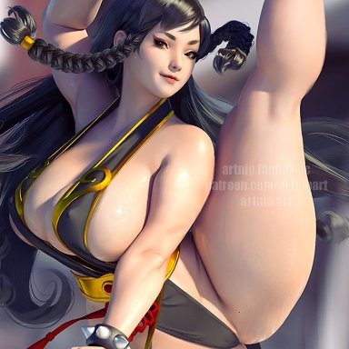 capcom, street fighter, chun-li, artnip, big breasts, black hair, breasts, brown eyes, cameltoe, chinese clothes, cleavage, leg up, splits, thick thighs, thighs