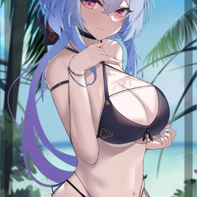 genshin impact, ganyu (genshin impact), musicatopos, 1girls, bikini, blue hair, bracelet, breasts, cleavage, horn, huge breasts, long hair, looking at viewer, nail polish, navel