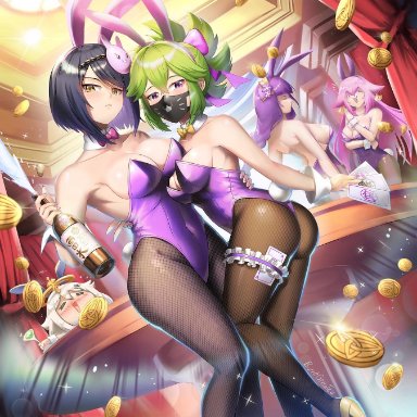 genshin impact, kujou sara, kuki shinobu, mora, paimon (genshin impact), raiden shogun, yae miko, burnt green tea, 5girls, alcohol, bunny ears, bunnysuit, mask, playboy bunny, tagme