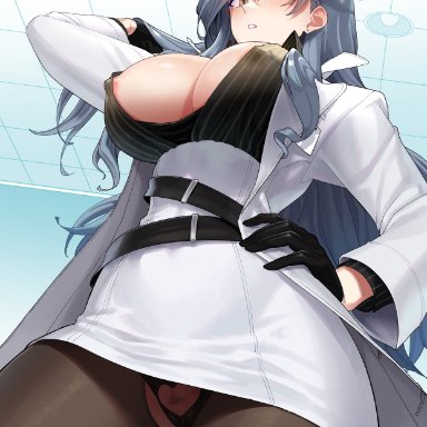 azur lane, supurai, 1girls, areola slip, belt, big breasts, black gloves, black hair, black shirt, blouse, breasts, chkalov (azur lane), cleavage, clitoris, clothing cutout