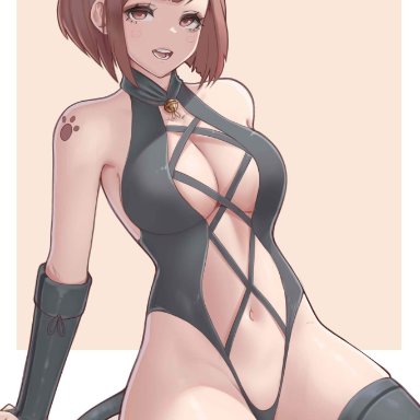 my hero academia, ochako uraraka, melowh, animal ear fluff, animal ears, bangs, bare shoulders, bell, black thighhighs, breasts, bridal gauntlets, brown hair, cat ears, cleavage, cosplay