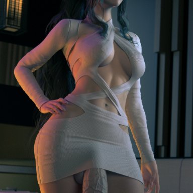 final fantasy, final fantasy vii remake, square enix, aerith gainsborough, zeroshimi, 1futa, big breasts, big penis, bulge, bulge through clothing, clothed, clothing, dress, flaccid, futa only