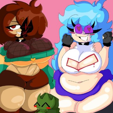 ex!tale, friday night funkin, undertale, undertale (series), cdk (cdk), chara, skyblue, gh0zty, 2girls, belly button, birthday, blue clothing, blue hair, blush, boob window