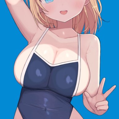 hololive, hololive english, watson amelia, rose neru, :d, arm behind head, ass visible through thighs, bare arms, bare shoulders, blonde female, blonde hair, blue background, blue eyes, blue swimsuit, blush