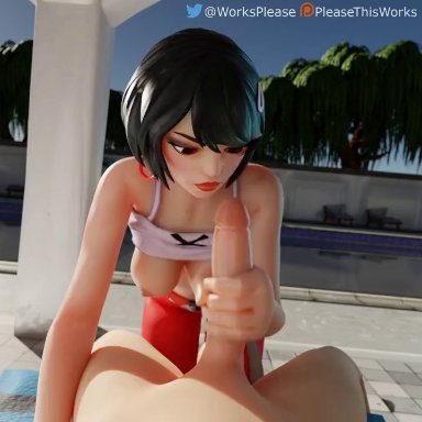 fortnite, evie (fortnite), pleasethisworks, scarecraw , 1girls, asian, black hair, blowjob, brown eyes, cum in mouth, cum on face, cum on tongue, cute, eye contact, fringe