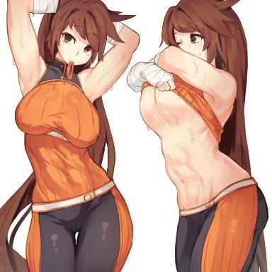 dnf duel, dungeon and fighter, fighter (dungeon and fighter), striker (dungeon and fighter), jmori44, abs, adjusting hair, armpits, arms behind head, arms up, breasts, brown hair, clothes lift, covered erect nipples, extremely long hair