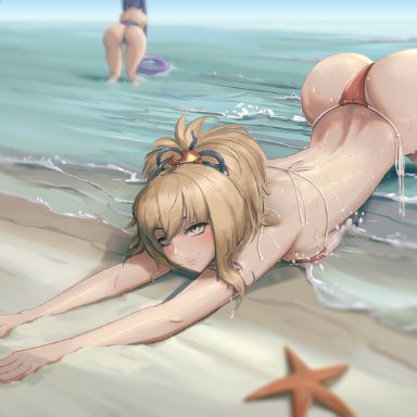 genshin impact, mona (genshin impact), yoimiya (genshin impact), np24art, 2girls, all fours, ass up, beach, bent over, big ass, big butt, bikini, blonde female, blonde hair, breast press