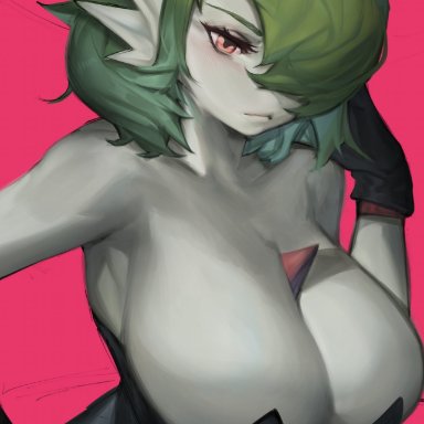 nintendo, pokemon, gardevoir, pok&#233;mon (species), woobin94, 1girls, big breasts, breasts, cleavage, dress, female, female only, green hair, looking at viewer, plant