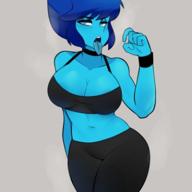 steven universe, lapis lazuli (steven universe), postblue98, 1girls, belly, belly button, big breasts, big hips, black leggings, blue eyes, blue hair, blue skin, breasts, choker, cleavage