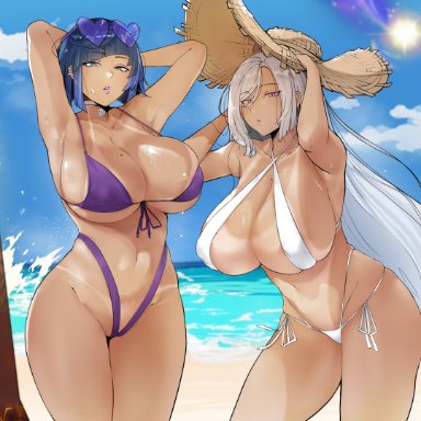 genshin impact, shenhe (genshin impact), yelan (genshin impact), puzenketsu, 2girls, armpits, arms up, beach, bikini, black hair, blue eyes, blue hair, braided hair, breasts, female