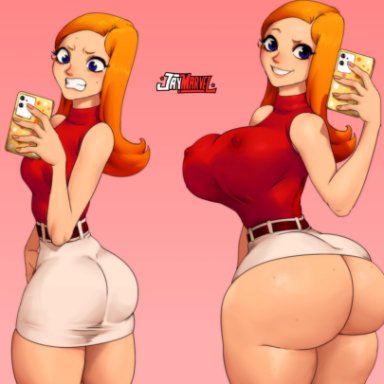 disney, disney channel, phineas and ferb, candace flynn, jay-marvel, 1girls, ass, ass expansion, bare shoulders, before and after, big ass, big breasts, big butt, blue eyes, breast expansion